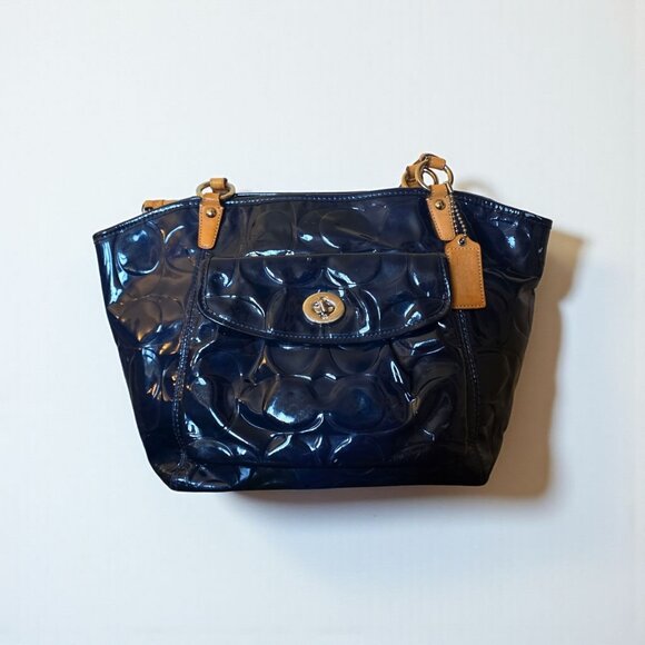 Coach Leah Embossed Patent Leather Tote Bag Navy Blue Tan Trim Turnlock Shoulder - Picture 1 of 16